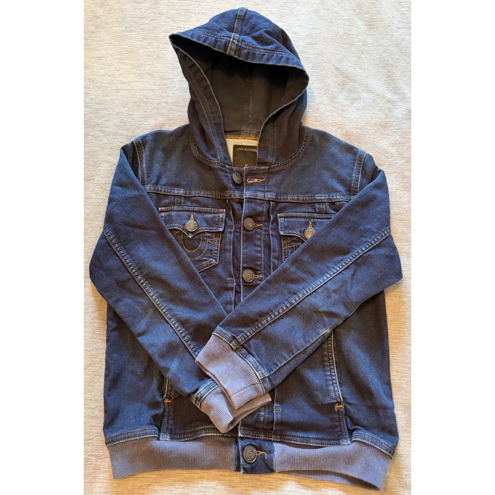 True Religion Denim Hoodie Jacket Dark Wash Contrast Stitch Button Front Womens